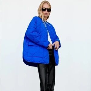 Zara Electric Blue Quilted Oversized Puffer Jacket size Small